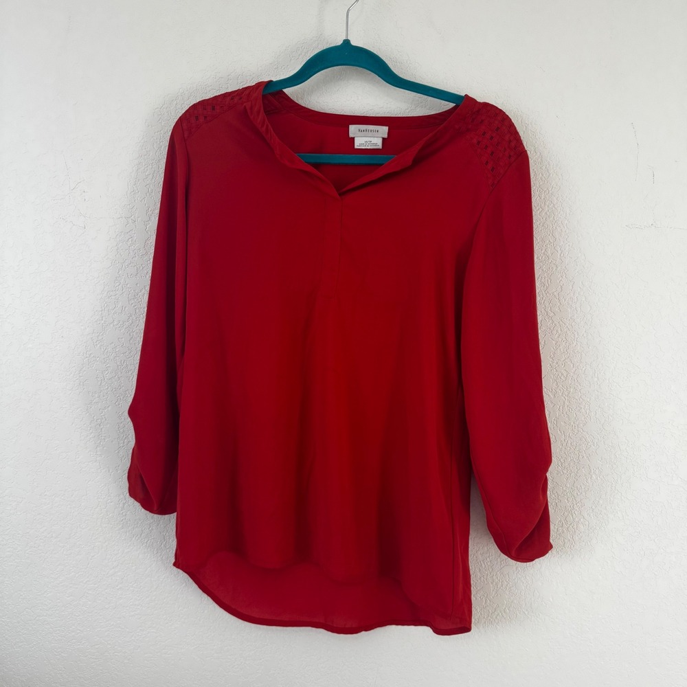 VAN HEUSEN Red V-Neck Lattice Shoulder Roll Tab Sleeve Blouse Top Women's XS